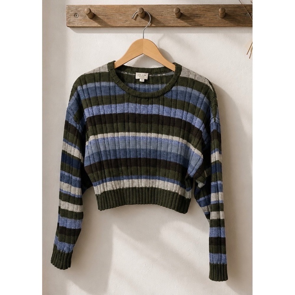 Le Lis Collection Striped‎ Cropped Sweater Womens XS Green Blue Ribbed IWT3182